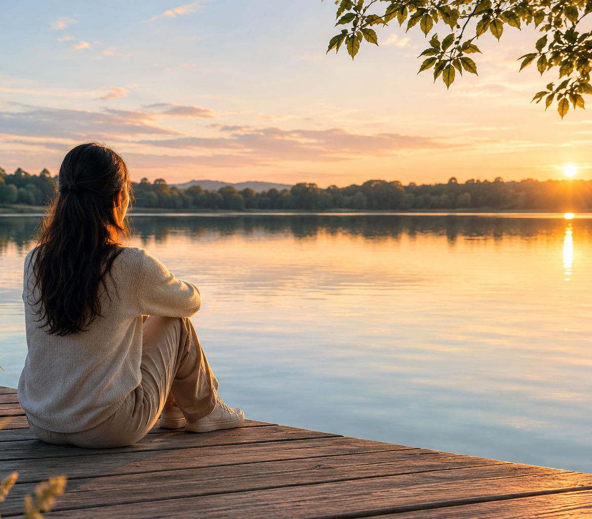 Noia mirant el sol bora un llac